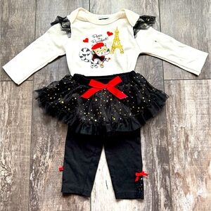 Girls 6-9M DDG Darlings “Paris is Purrfect!” Coordinating onesie/pants w/skirt